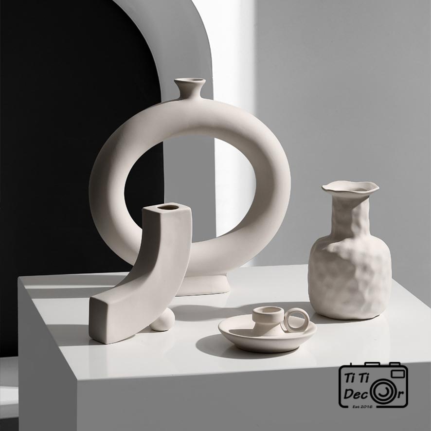 Bình Sứ Cắm Hoa Trắng TiTi Decor Lọ Gốm Cắm Hoa Trang Trí Cửa Hàng Phong Cách Hàn Quốc Minimalism