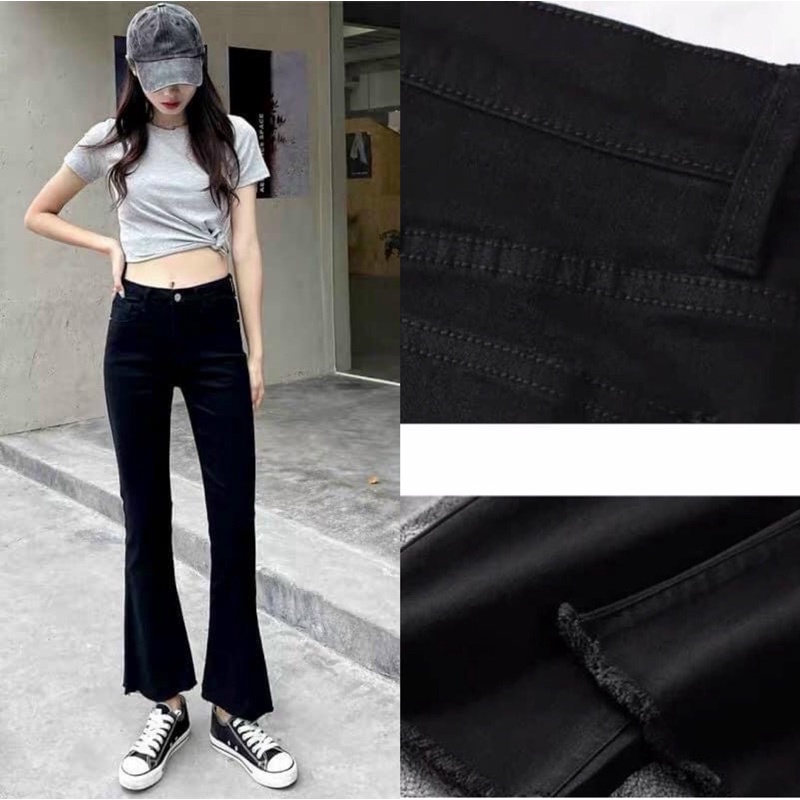 Quần jeans đen ống loe tua rua hack dáng