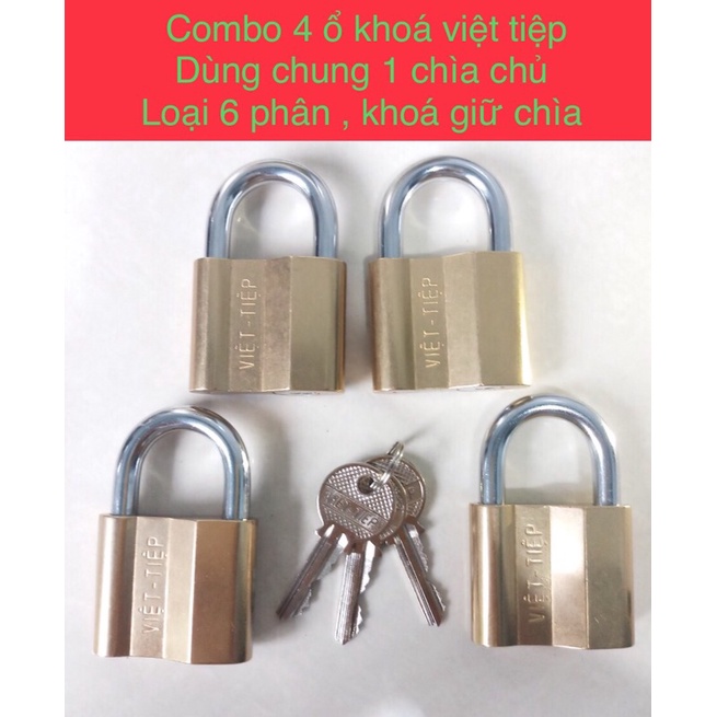 Combo 4 ổ khóa việt tiệp dùng chung 1 chìa ( loại 6 phân , khóa giữ chìa , gồm 4 chìa sơ cua )