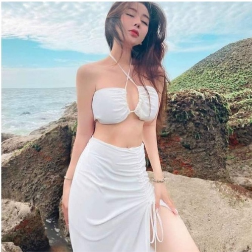 Đồ bơi nữ bikini đi biển sét 3 món màu trắng KONKUN MS92