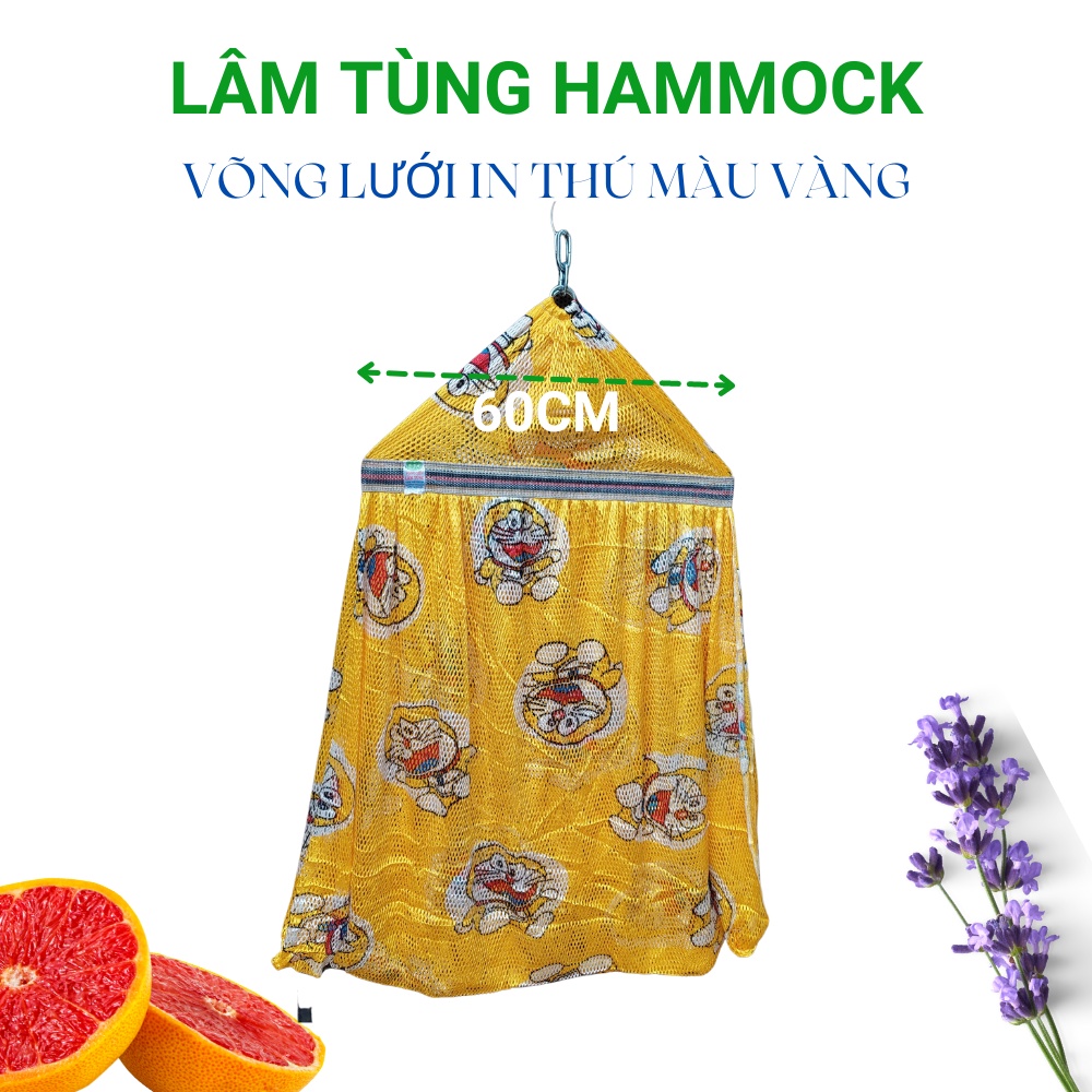 Lưới võng 2 lớp in hình Doremon màu vàng Hiệu Lâm Tùng, cán thép 60cm, khoen lớn, lưới dày đẹp- Hàng loại 1