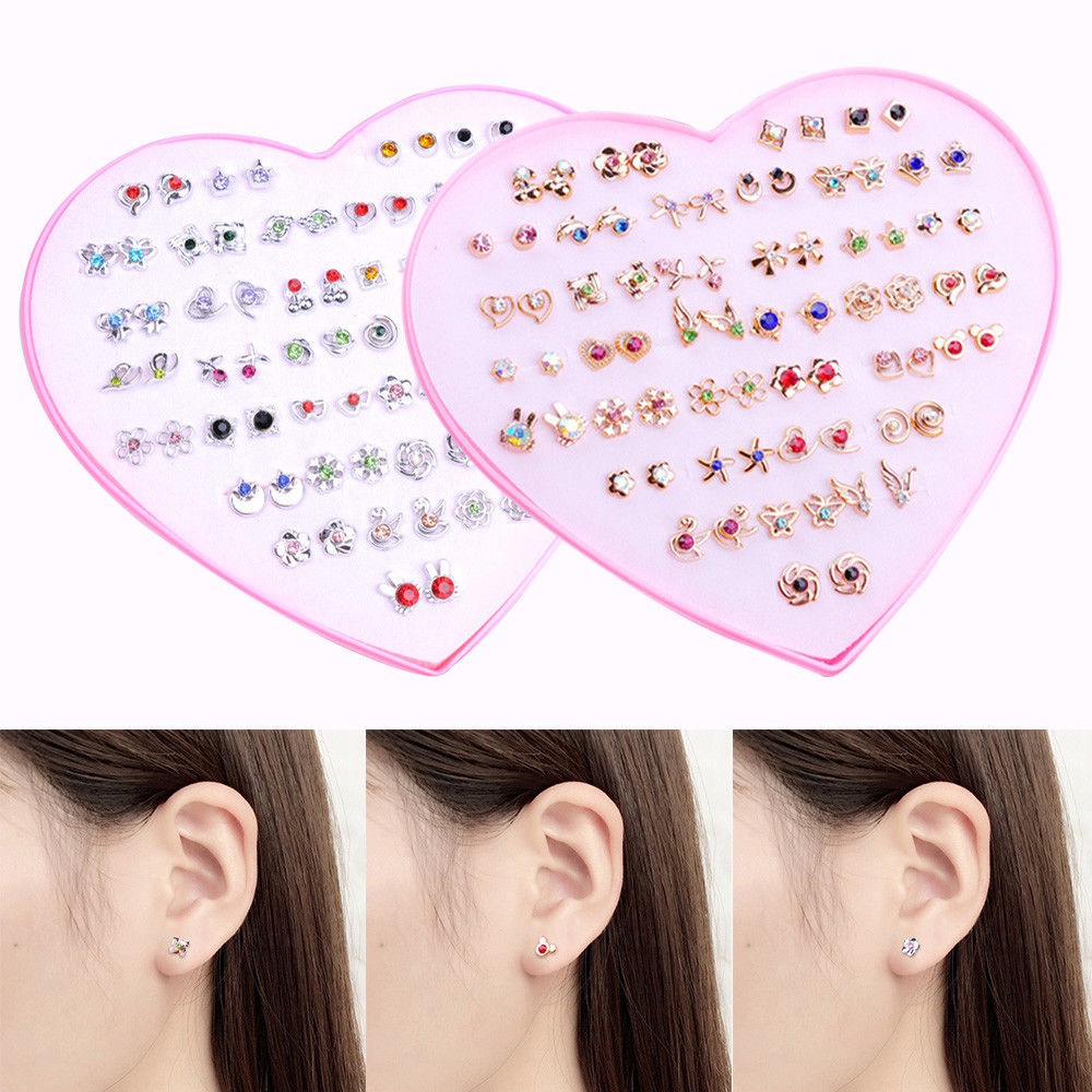 Bộ 12/36 đôi khuyên tai xỏ mini bằng nhựa đính pha lê thời trang dành cho nữ