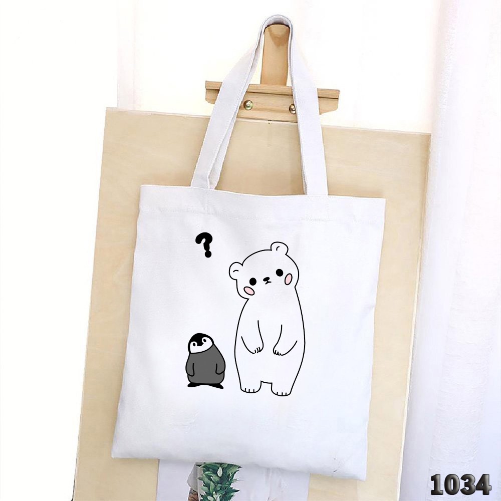 TÚI TOTE TRẮNG CHẤT VẢI CANVAS 507 1034 GẤU VÀ CHIM CÁNH CỤT DỄ THƯƠNG HÀNG CHUẨN ĐẸP