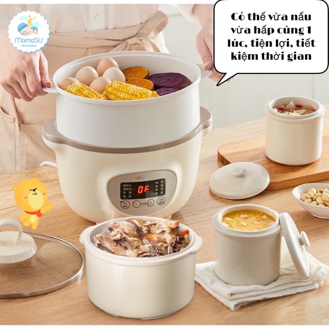 (TẶNG BẢNG ĐK TIẾNG VIỆT) Nồi nấu cháo chậm Bear 1,6l kèm thố sứ cho bé ăn dặm - Nồi ninh hầm hấp chưng yến Sube002