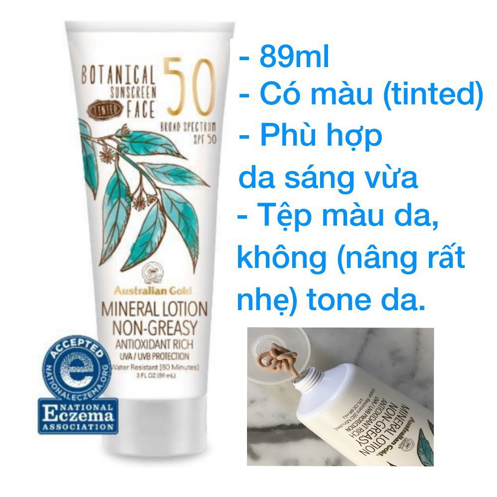 [Bill US] Kem chống nắng vật lý kềm dầu Australian Gold Botanical Sunscreen SPF 50 Tinted Face Lotion 89 ml