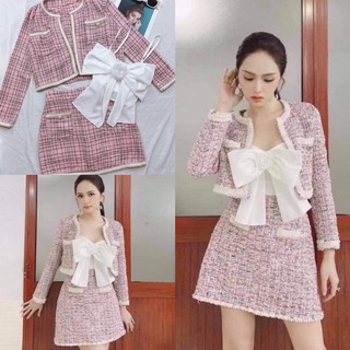 [Hàng Cao Cấp] Set 3 món dạ hồng : chân váy quần + áo nơ trắng +áo khoác