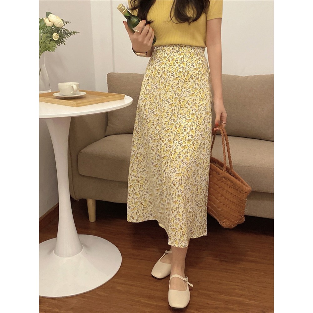 Chân váy Voan hoa Midi dài Lưng cao Dáng chữ A Lưng thun Ulzzang Hàn Quốc Chân váy Midi dài Voan hoa Cạp cao | BigBuy360 - bigbuy360.vn