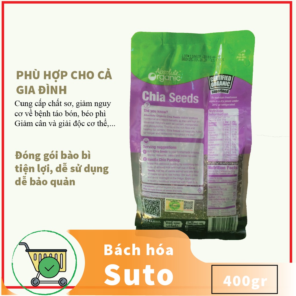 Hạt chia úc Absolute organic túi 400g có tem chống giả bộ công an giúp giảm cân, đẹp da, bổ sung chất dinh dưỡng susuto