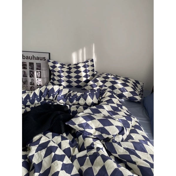 Bộ chăn ga gối Cotton Poly Nhập Khẩu chần bông dày mẫu Thoi Xanh Dương Decor Home