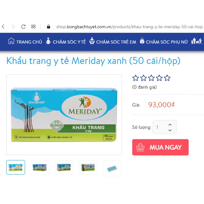 Khẩu trang y tế Meriday Xanh 3 lớp (50 cái/hộp) hỗ trợ kháng khuẩn - Chính hãng Bông Bạch Tuyết