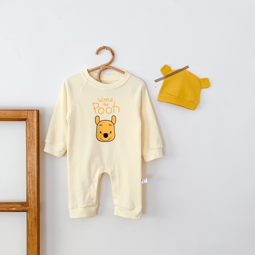 Áo liền quần dài tay + mũ in hoạt hình dễ thương dành cho bé sơ sinh