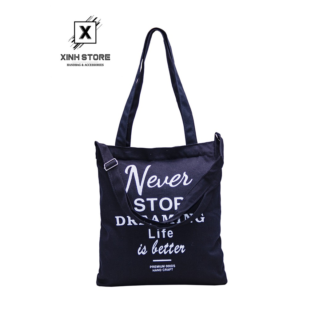 [Mã WABRBAGS giảm 20K đơn 99K] Túi Vải Never Xanh ( Chữ Trắng ) Xinh Store