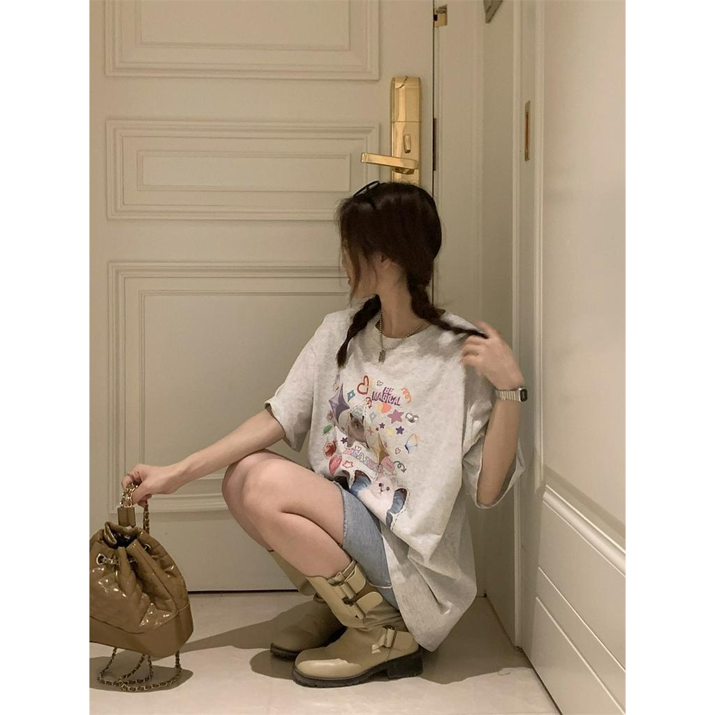 Áo Thun Cotton Dáng Rộng Ngắn Tay In Hình Mèo Dễ Thương Phong Cách Mới 62885