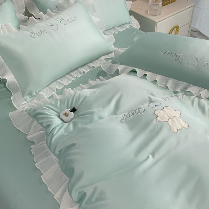 Light luxury Princess lace washed silk three or four piece set spring and summer 1.8 fitted sheet naked sleeping sheet quilt cover ice silk set Qon8