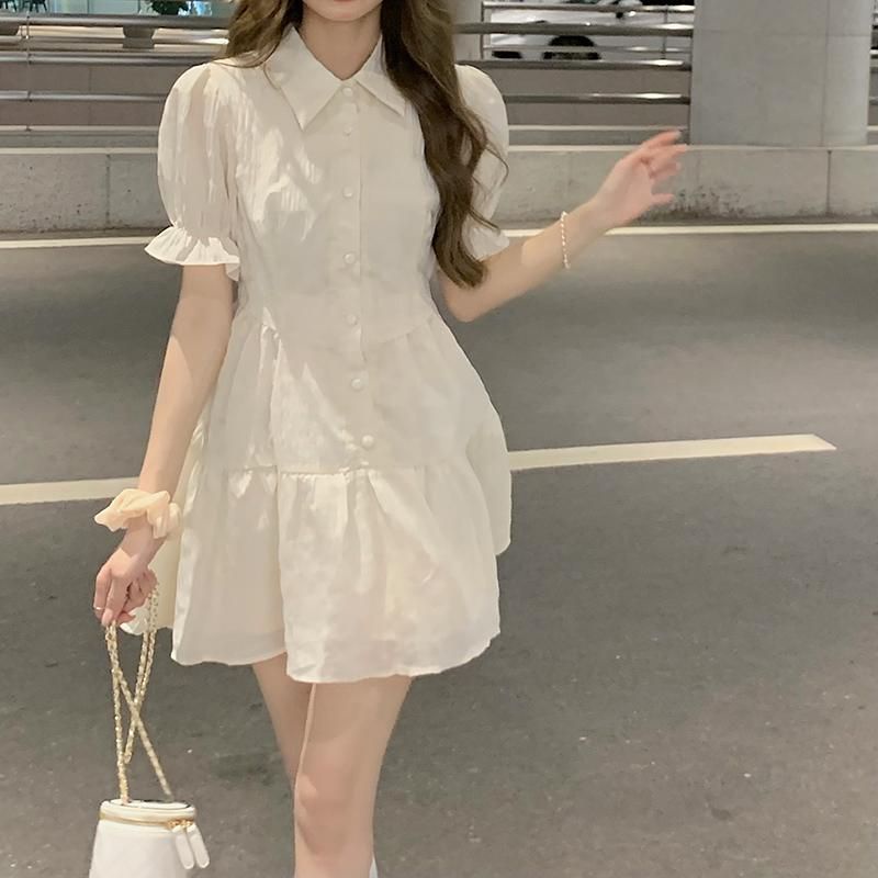 Váy Ngắn Vải Nhún Cổ Bẻ Tay Ngắn Phong Cách Retro ❤️