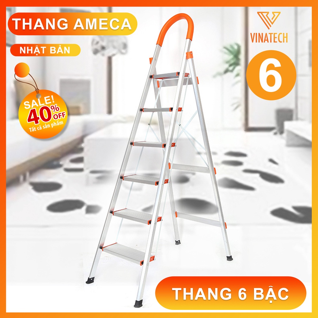 Thang ghế gấp gọn AMECA 6 Bậc thông minh, tải trọng 150Kg siêu bền, Thang Nhôm Inox Siêu Nhẹ Gấp Gọn Thông Minh, Thang