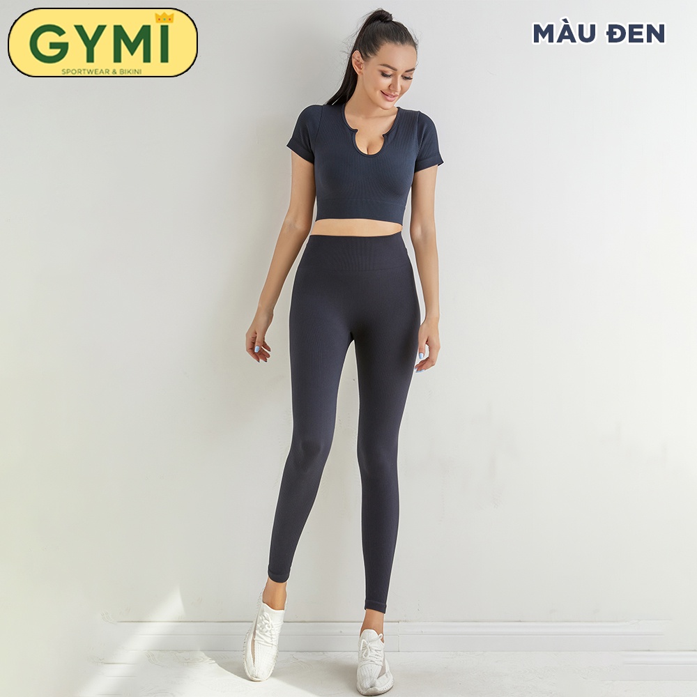 Set bộ đồ tập gym yoga nữ GYMI SET15 gồm áo croptop ngắn tay và quần legging dài thể thao chất dệt thun gân cao cấp