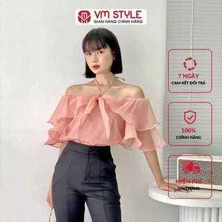 Áo kiểu nữ VMTYLE bẹt vai phối nơ ngực chất voan tay 3 lớp thời trang P469 22SU05PU2101