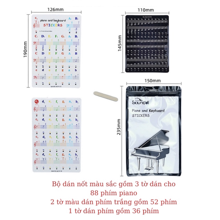 Sticker dán nốt Piano 88 phím màu sắc, Miếng dán decal cho Keyboard và Piano chất lượng Musical Web