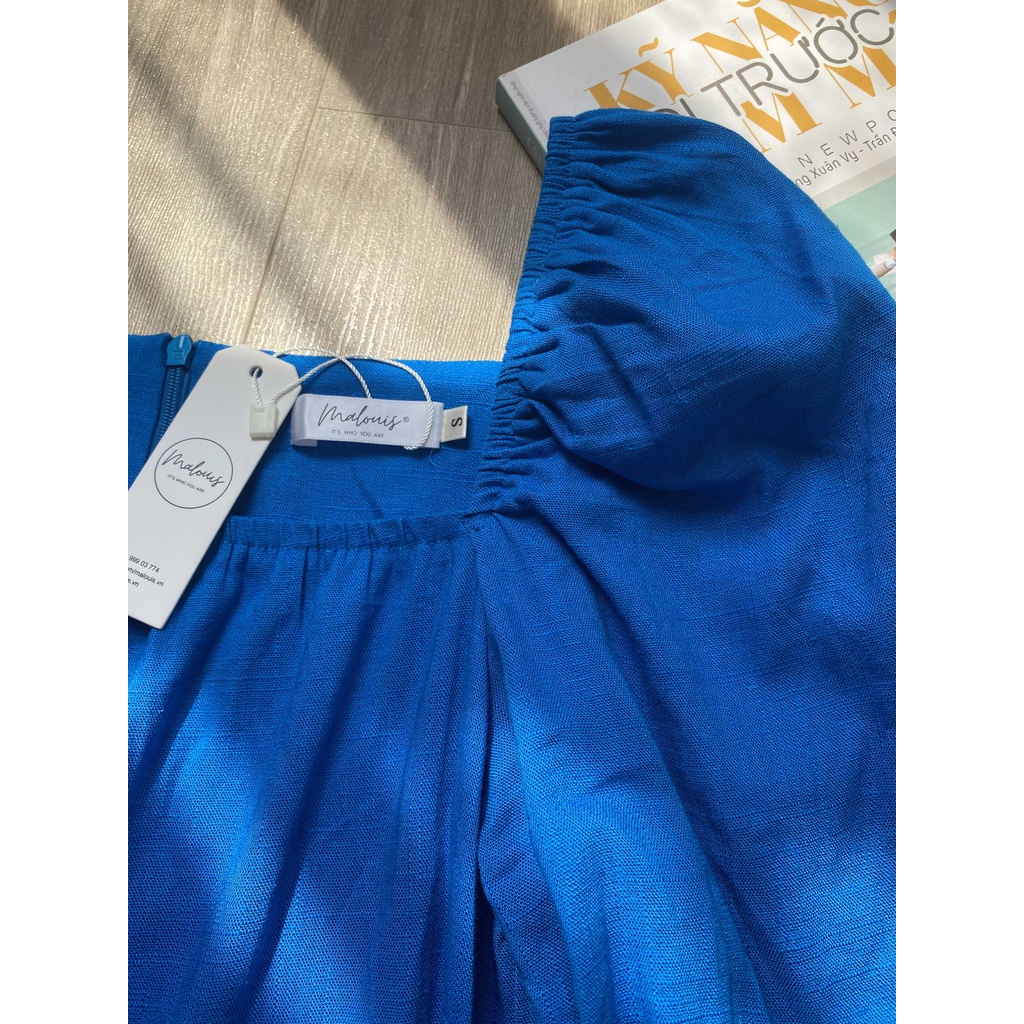 Đầm cổ vuông tay bồng màu xanh dương thắt đai - V35 #8