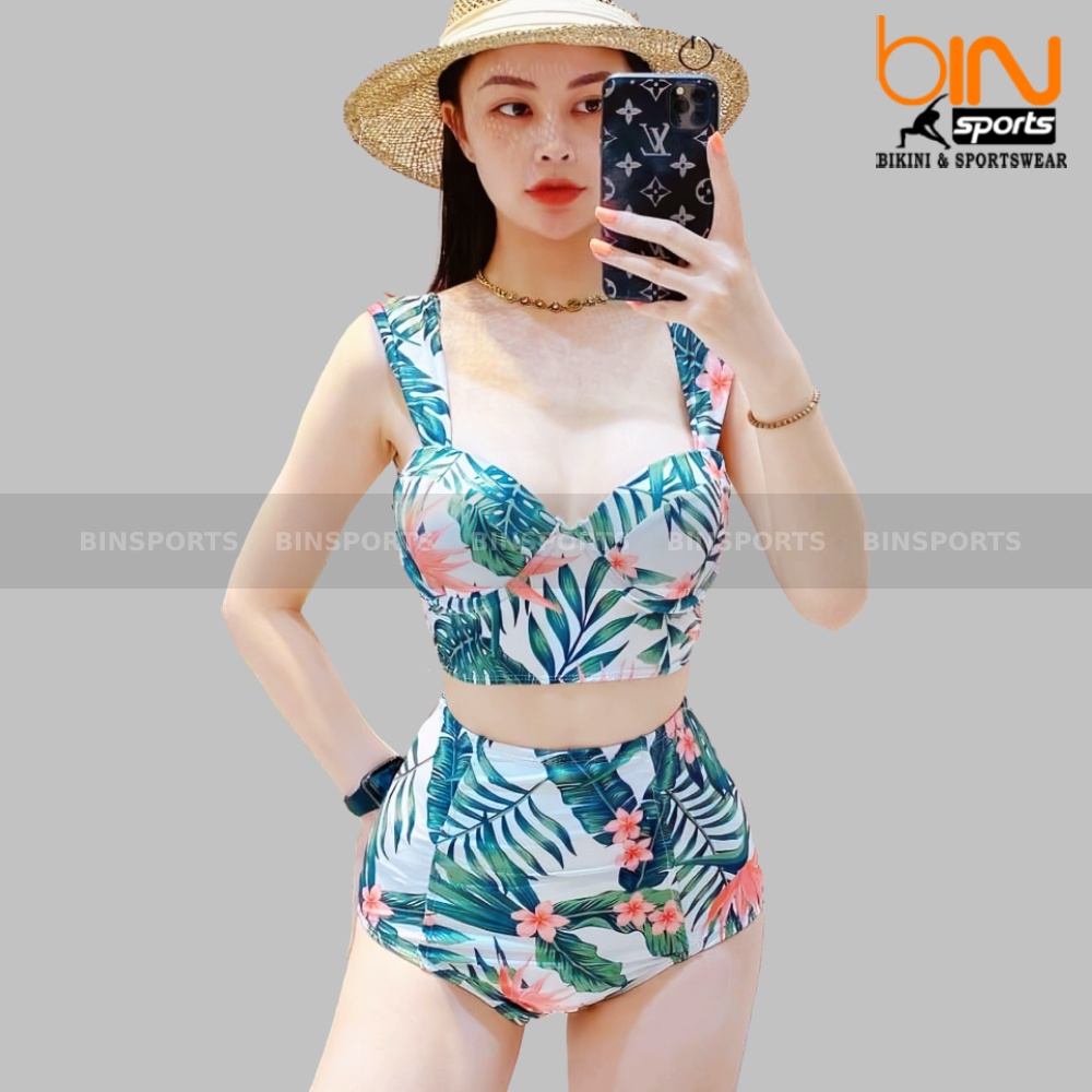 Bikini Nữ 2 Mảnh Quần Cạp Cao Aó Bra Hoa Lá Đẹp Bin Sports BHV090