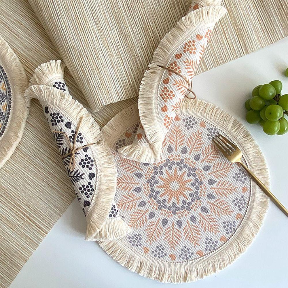 Tấm Lót Bàn Ăn WMES15H|Khăn Trải Bàn Tròn Vải Cotton Bện Thêu Họa Tiết Phong Cách Bohemian Trang Trí Nhà Cửa