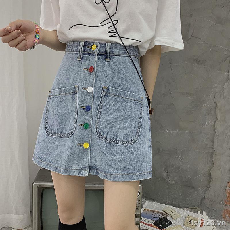 ❖Phong cách mới mùa hè Váy denim cạp cao thiết kế kiểu Hàn Quốc, nữ sinh mỏng, phù hợp với học Chân chữ A nửa dài thời trang