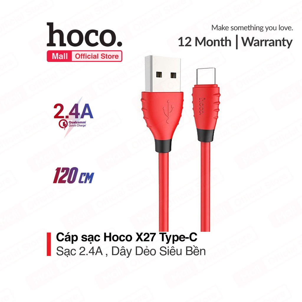 Cáp sạc 2.4A Hoco X27 Type-C dây TPE siêu bền dài 120CM cho Android