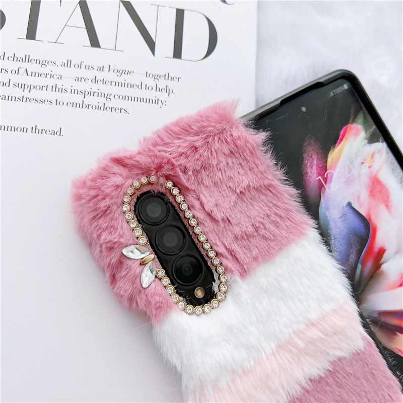 Ốp Lưng Bọc Lông Mềm Đính Hình Tai Thỏ Cho Điện Thoại Samsung Galaxy Z FOLD 3 4 5G