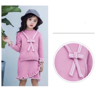 Sét váy len hồng viền trắng cho bé