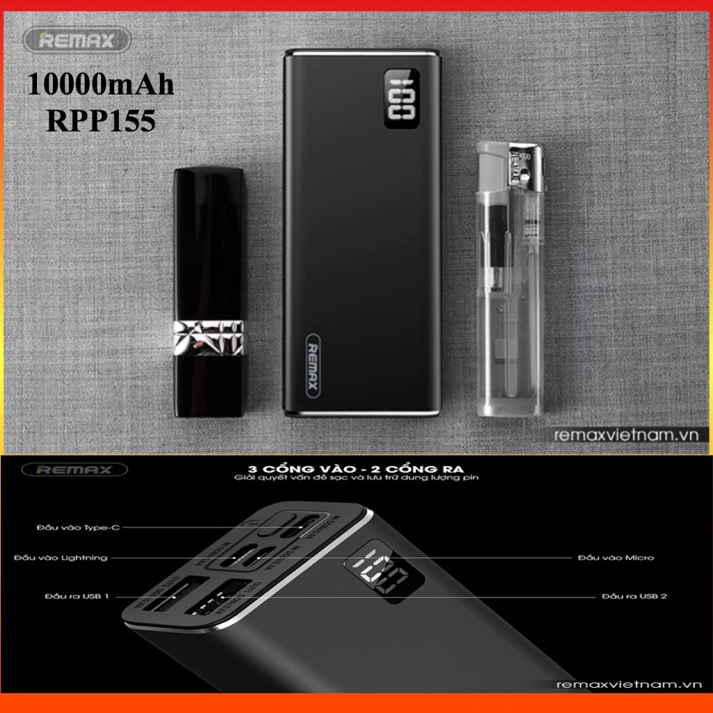 Sạc Dự Phòng 10.000mAh Mini Remax RPP-155 3 Cổng Sạc Vào, 2 Cổng Sạc Ra