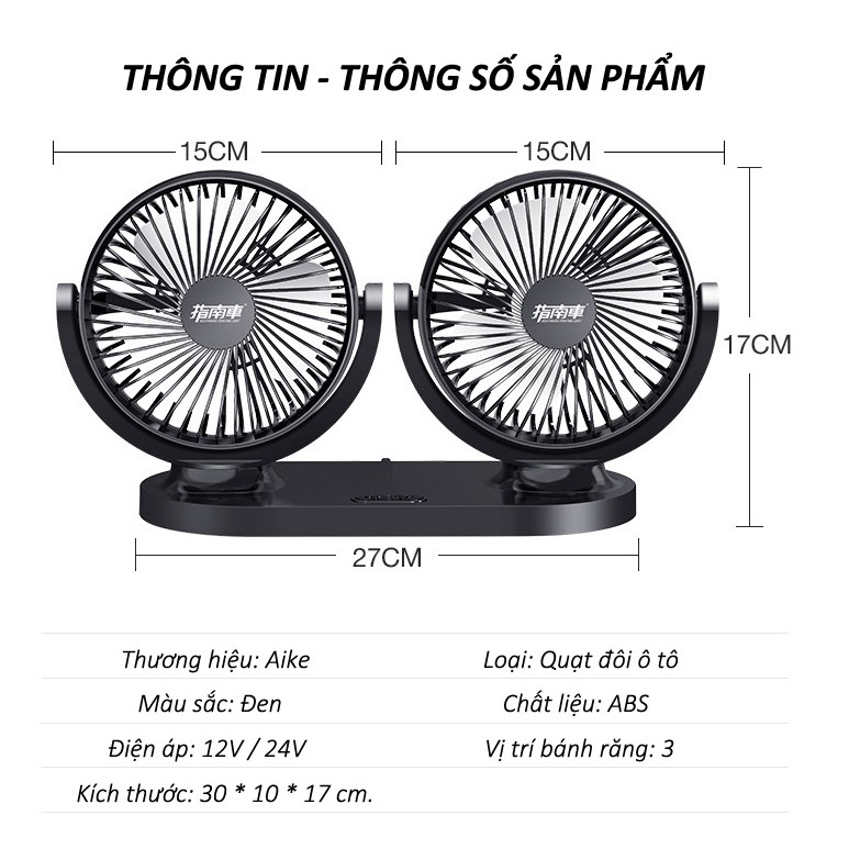 Quạt máy đôi mini 12v, 24v xoay 360 tiện ích trên ô tô, xe hơi cao cấp