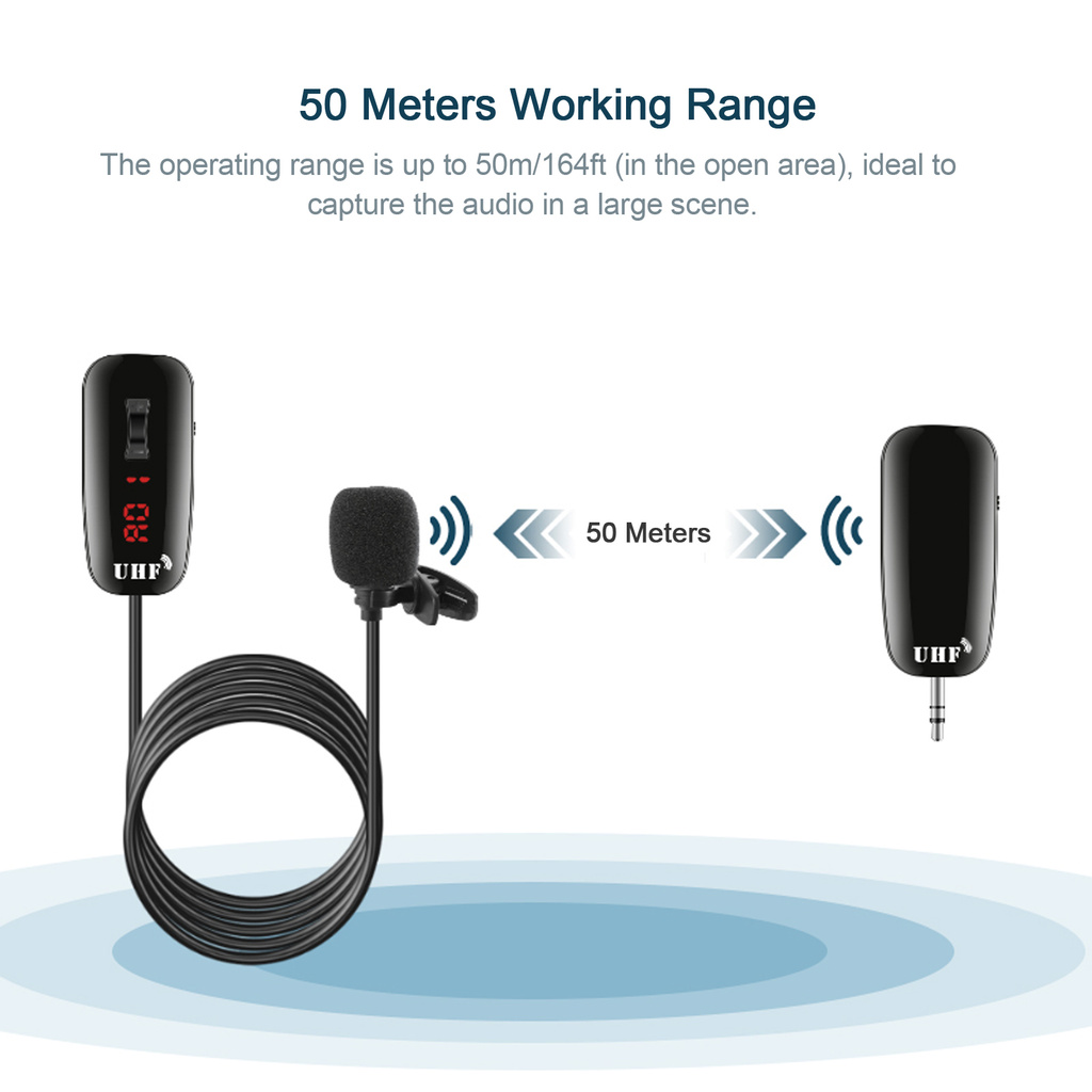 UHF Lavalier Lapel Wireless Microphone Recording Live Streaming Microphone Transmitter Receiver 50m Working Range Compatible with Camcorder Smartphone Laptop PC