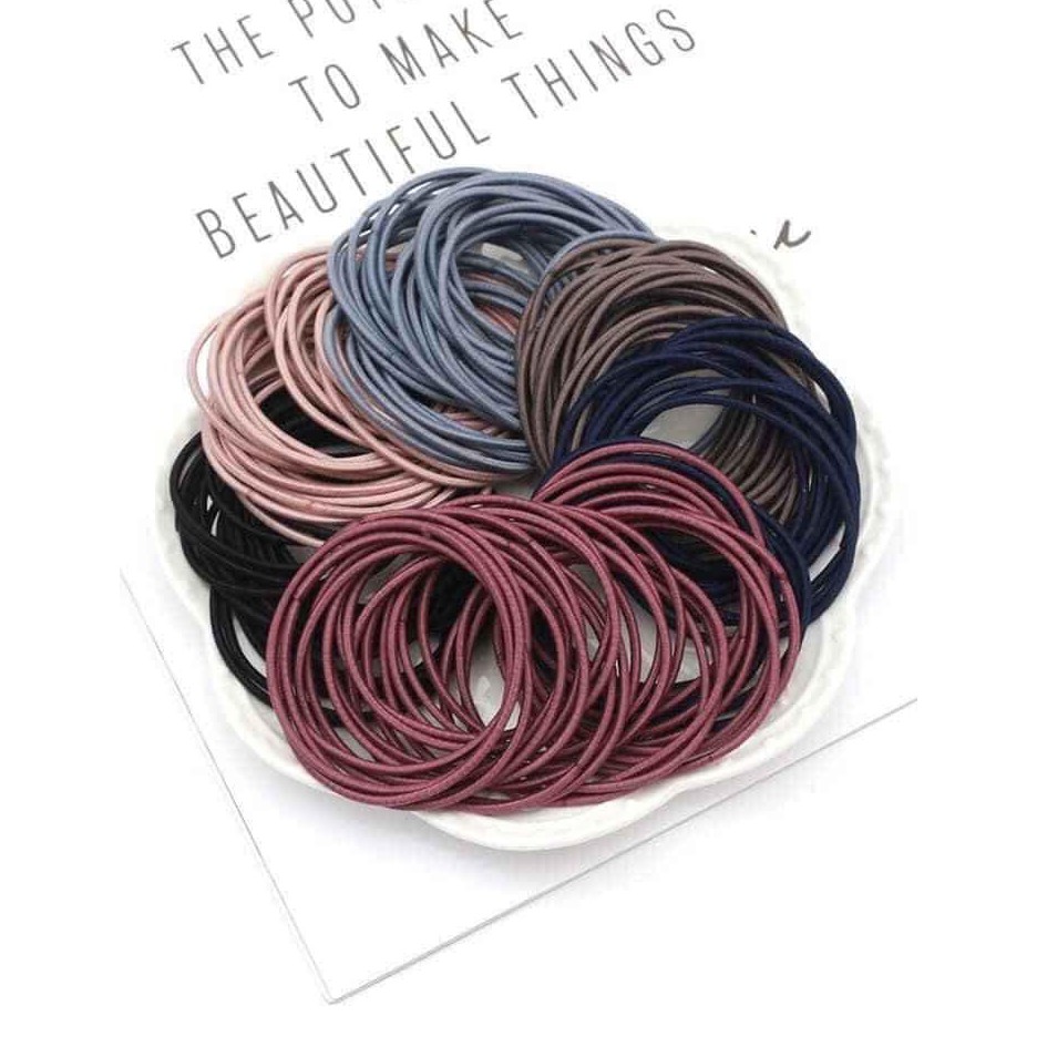 Set 100 dây chun buộc tóc trơn nhiều màu túi zip