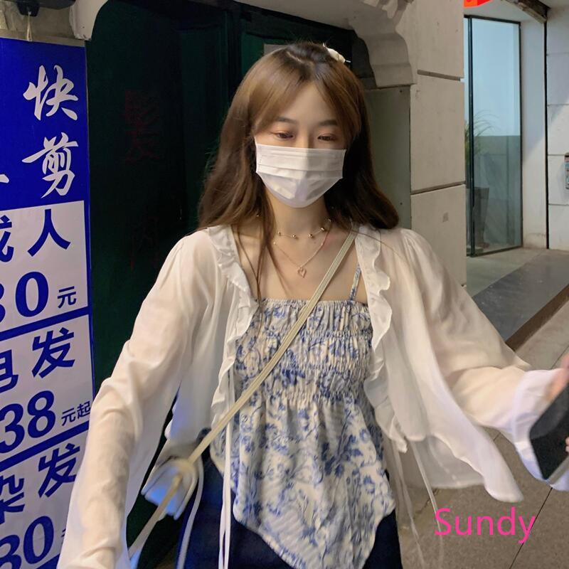 Set Áo Hai Dây Họa Tiết Hoa Ngọt Ngào + Áo Khoác Cardigan Chống Nắng Thời Trang Mùa Hè Cho Nữ