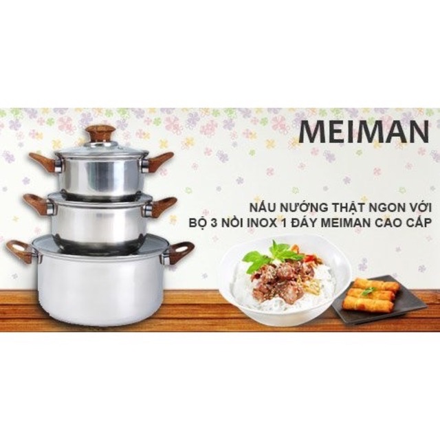 HOT SALE!!! Bộ 3 Nồi INOX, Nắp Thủy Tinh MeiMan + Tặng 2 miếng cước rửa chén