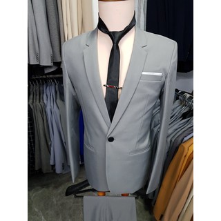 Bộ vest nam xám ghi form ôm body chất vải mềm mịn ( áo vest+quần+cà vạt+nơ)