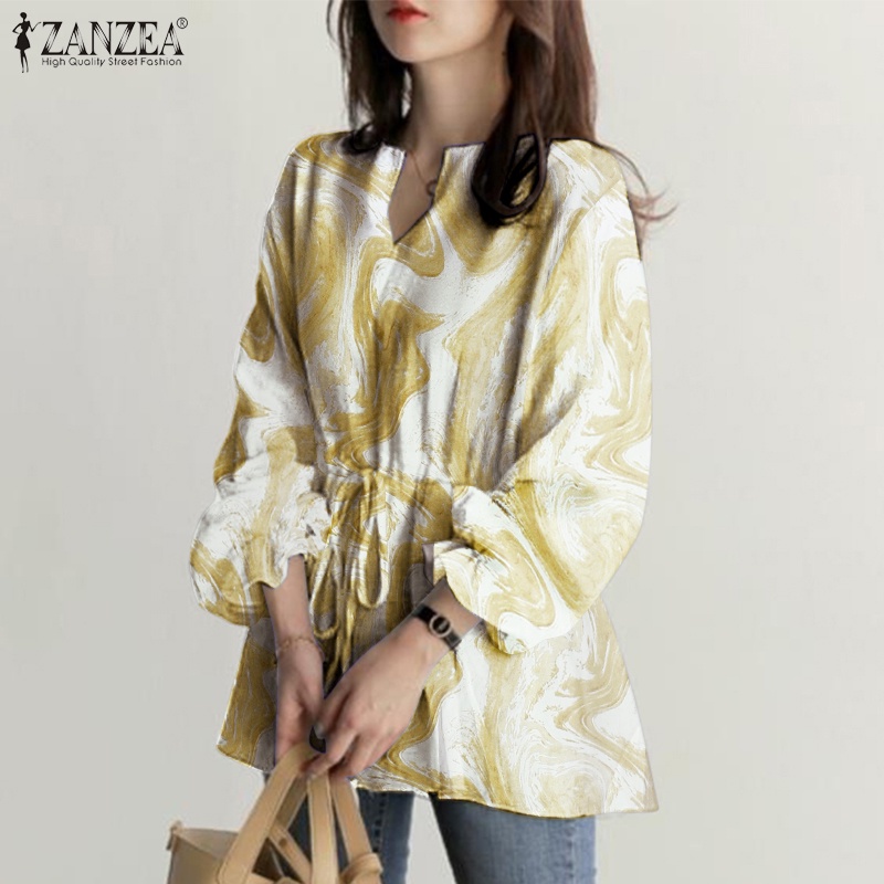ZANZEA Áo Kiểu Tay Loe Dài Cổ Chữ V Rút Dây Eo Co Giãn Thời Trang Cho Nữ