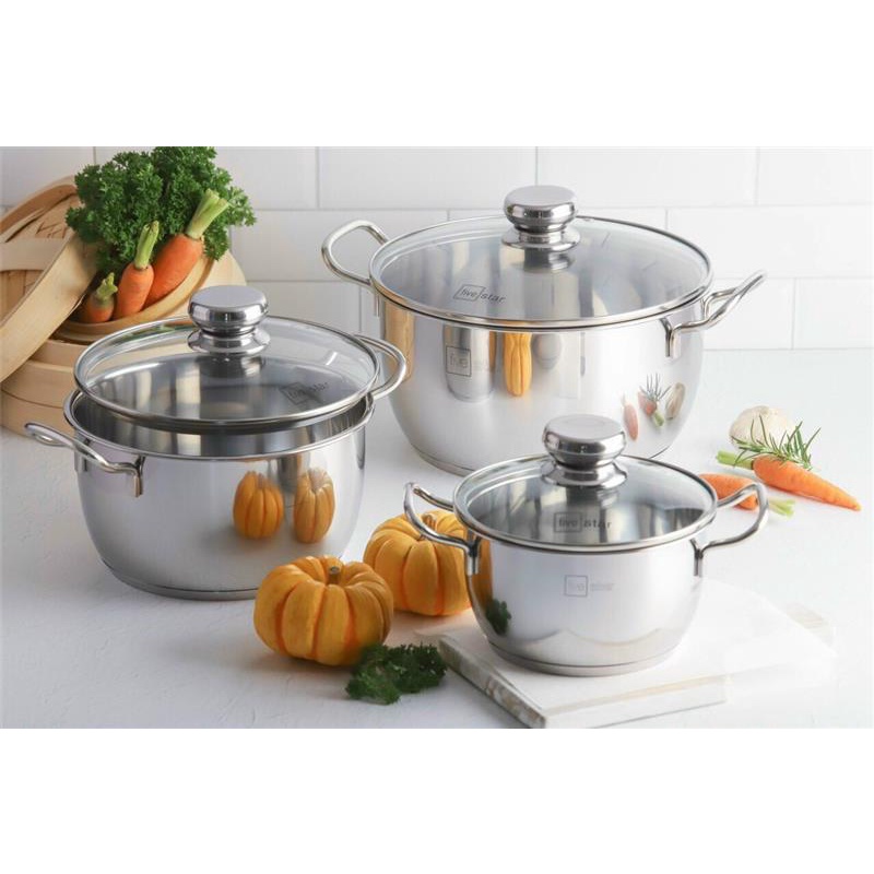 Bộ Nồi Nấu từ Inox 3 Đáy FiveStar nắp kính - Đáy nồi 3 lớp chống cháy khét - Dùng được cho mọi loại bếp