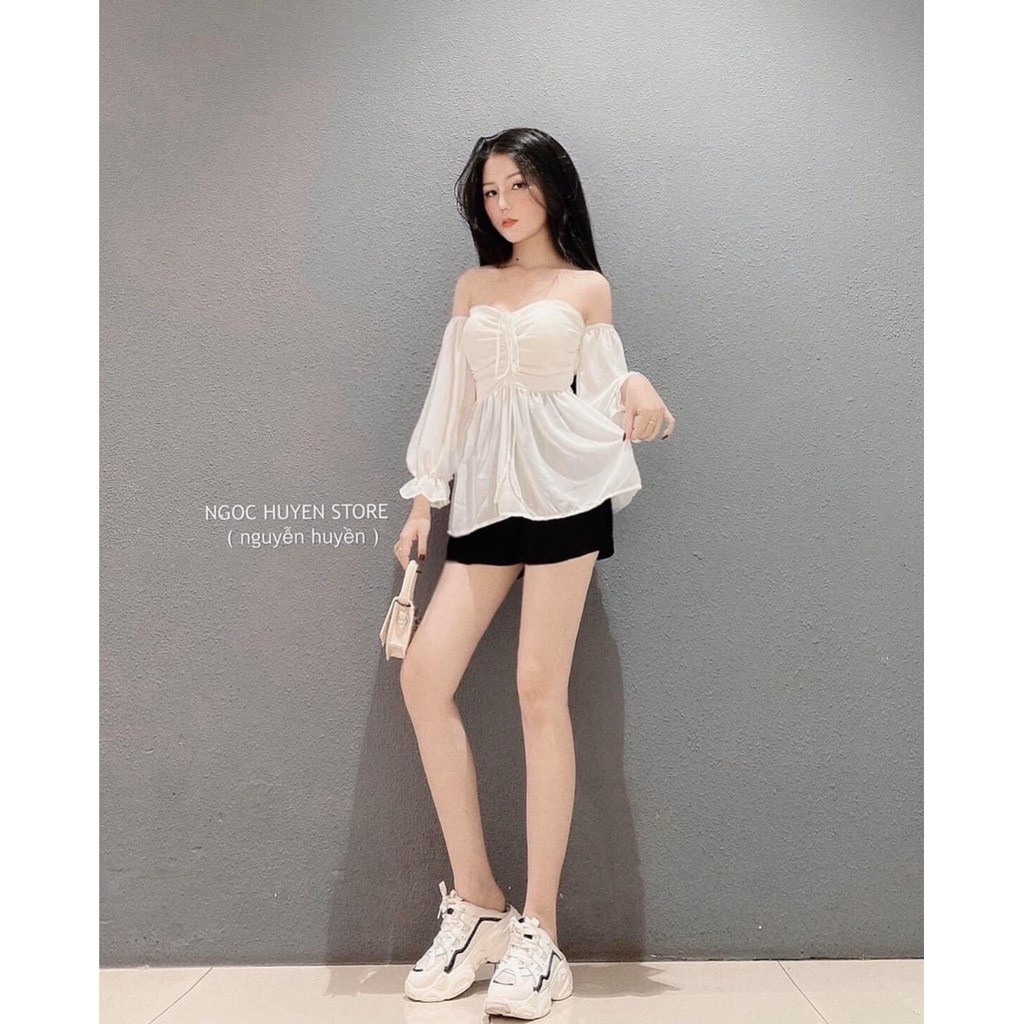 Áo kiểu bẹt vai xòe dưới rút dây ngực tay loe cực xinh , chất kate mềm mịn
