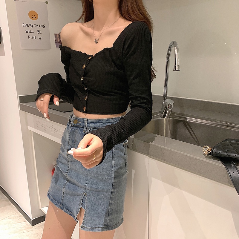 Áo dệt kim trễ vai cổ cao co giãn họa tiết kẻ sọc thời trang