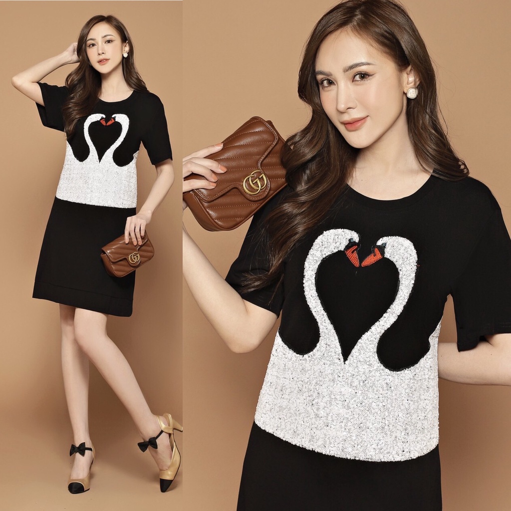 Đầm thun suông bigsize đính kim sa chim hạc Quảng Châu cao cấp D&R Fashion D005