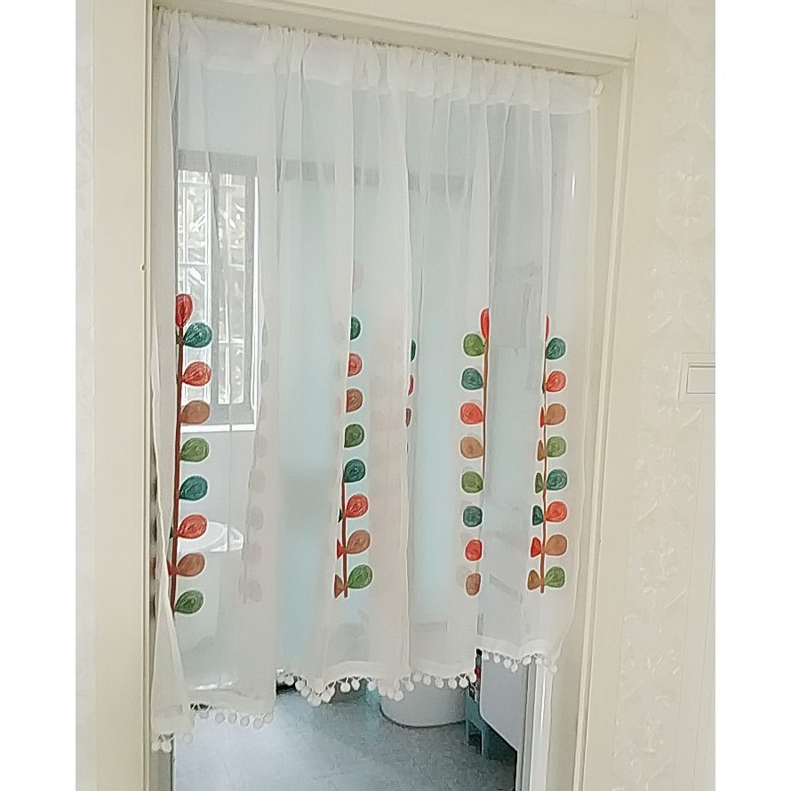 Rèm Cửa Ngắn Thêu Họa Tiết Lá Nhiều Màu Trang Trí Nhà Bếp