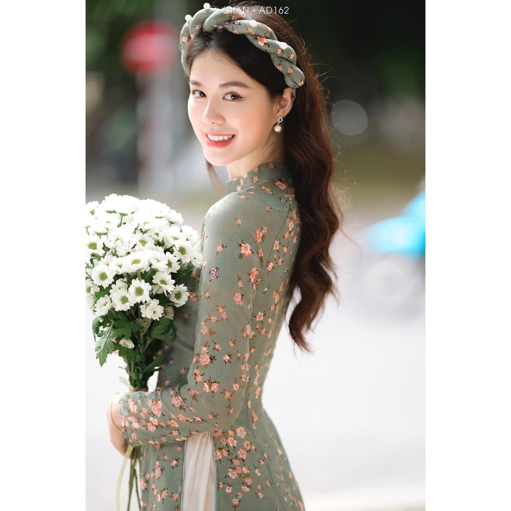 Áo dài hoa nhí xanh rêu ❤️FREESHIP❤️ Áo dài dáng truyền thống loại 2 tà thường | BigBuy360 - bigbuy360.vn