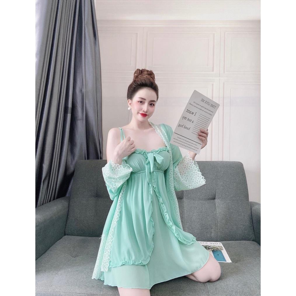 Áo Choàng Kimono Kèm Váy Voan Phối Ren NGUYEN, Set Đồ Ngủ Sexy 3 Món, Đầm Ngủ Voan Cao Cấp Quyến Rũ Thời Trang Cho Nữ. | BigBuy360 - bigbuy360.vn