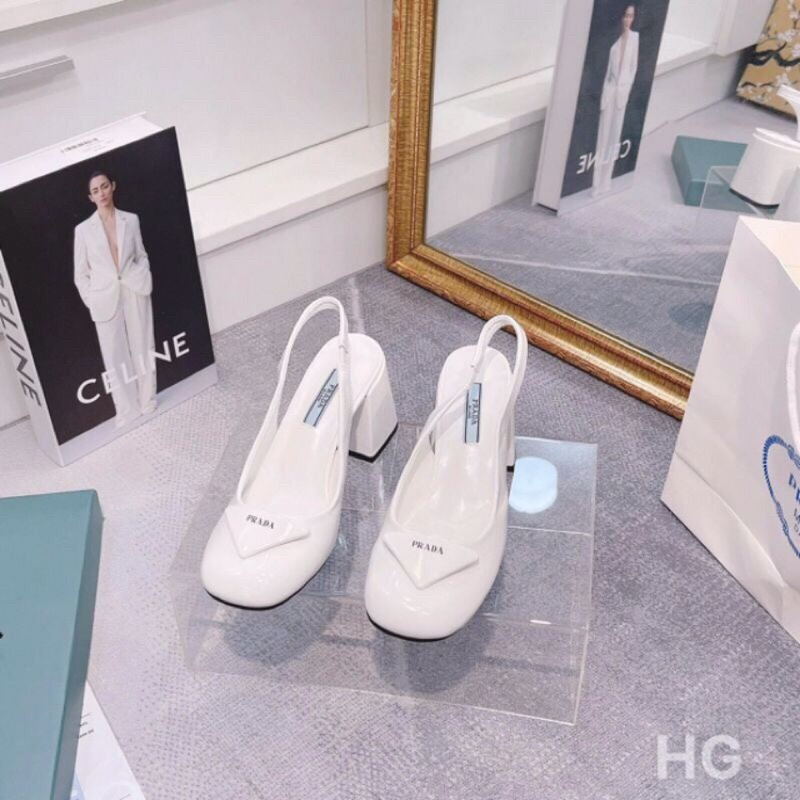 Giào cao gót hở gót Pradaa mũi vuông gót vuông 6p đi cực chắc chắn