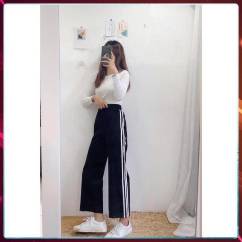 Quần Culottes Ống Suông 3 Sọc, Quần Ống Rộng Chất Thun Dày Dặn Hàng Có Size Cạp Chun Unisex Nam Nữ 2021