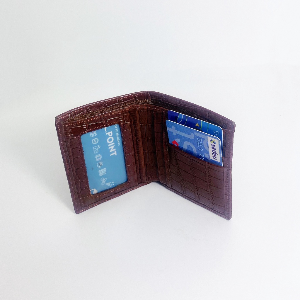 Ví nam thời trang da bò kiểu mini cá sấu cao cấp thương hiệu Jun Secret JS-MINICS nhiều ngăn đựng thẻ màu nâu