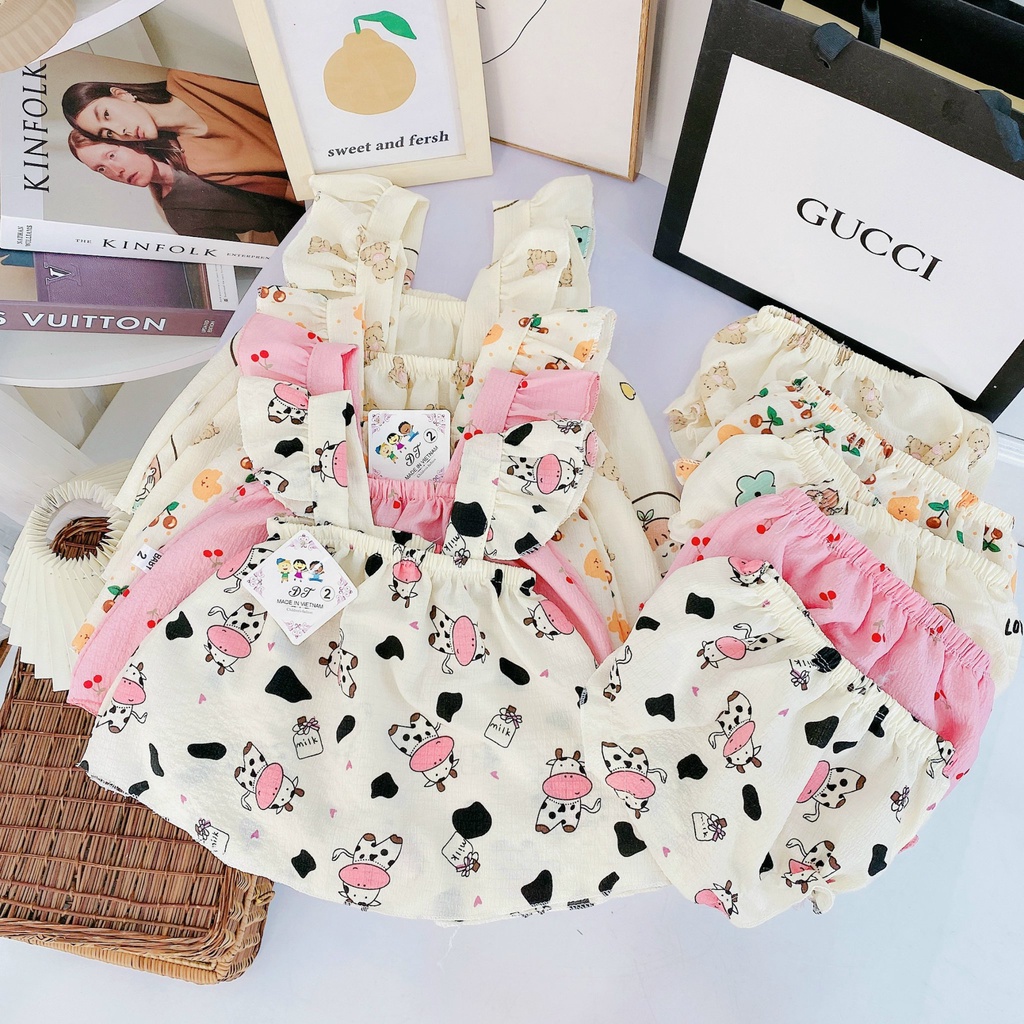 AV20 Bộ Áo Váy 2 Dây Cánh Tiên Hoạ Tiết Hoa Quả Cho Bé Chất Liệu Vải Đũi Nhăn Đủ Size Từ 8-18Kg VNXK Nhật-Hàn