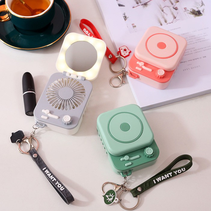 Móc khóa quạt cầm tay tích hợp gương soi và đèn LED đầu cắm USB ba tốc độ quạt cho mùa hè